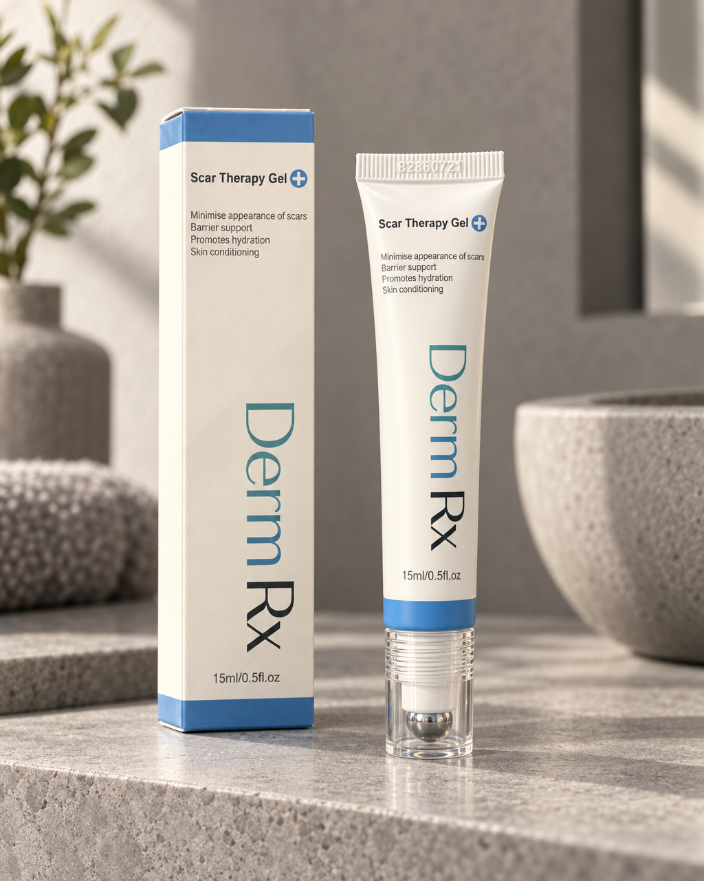 Derm Rx Scar Therapy Gel tube and box on a stone bench